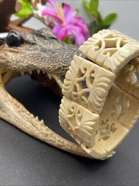 Carved bone panel bracelet vintage